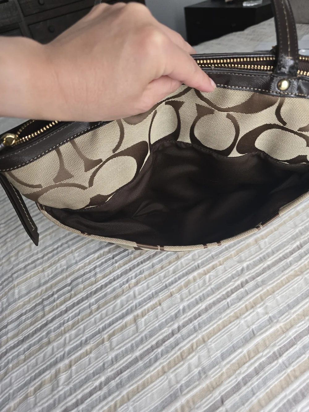 Coach Beige and Brown Signature Canvas Tote with Dark Brown Trim